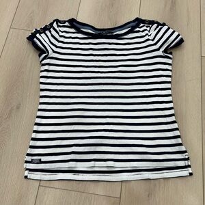 LAUREN Ralph Lauren Shirt Large White Blue Stripe Short Sleeve Buttons Shoulders